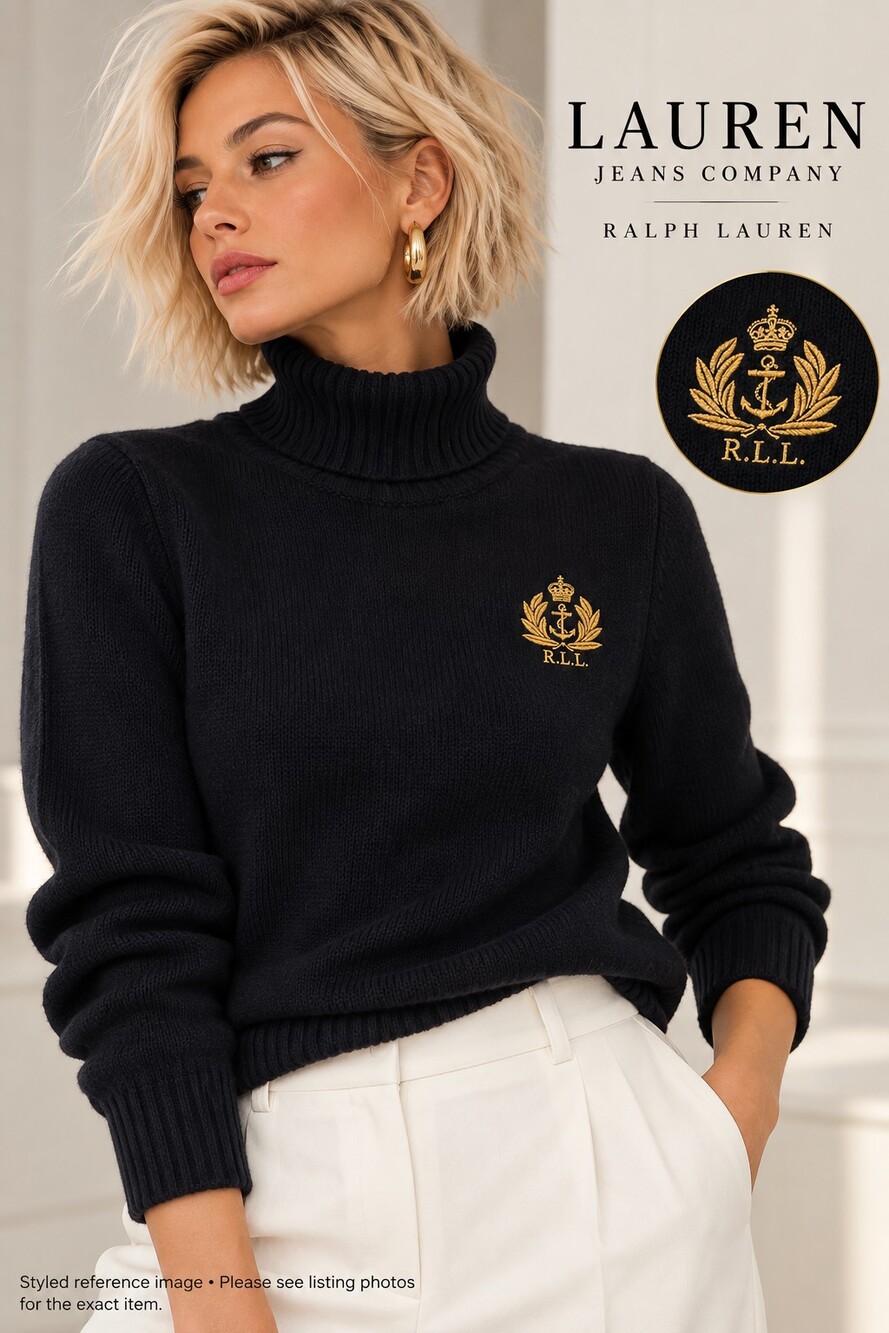 Ralph Lauren RL embroidered Crest Sweater Black Cotton Turtleneck